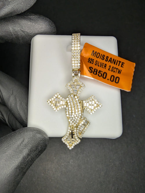 Gold over 925 Sterling Silver VVS D Moissanite Prayer Hands Cross Pendant