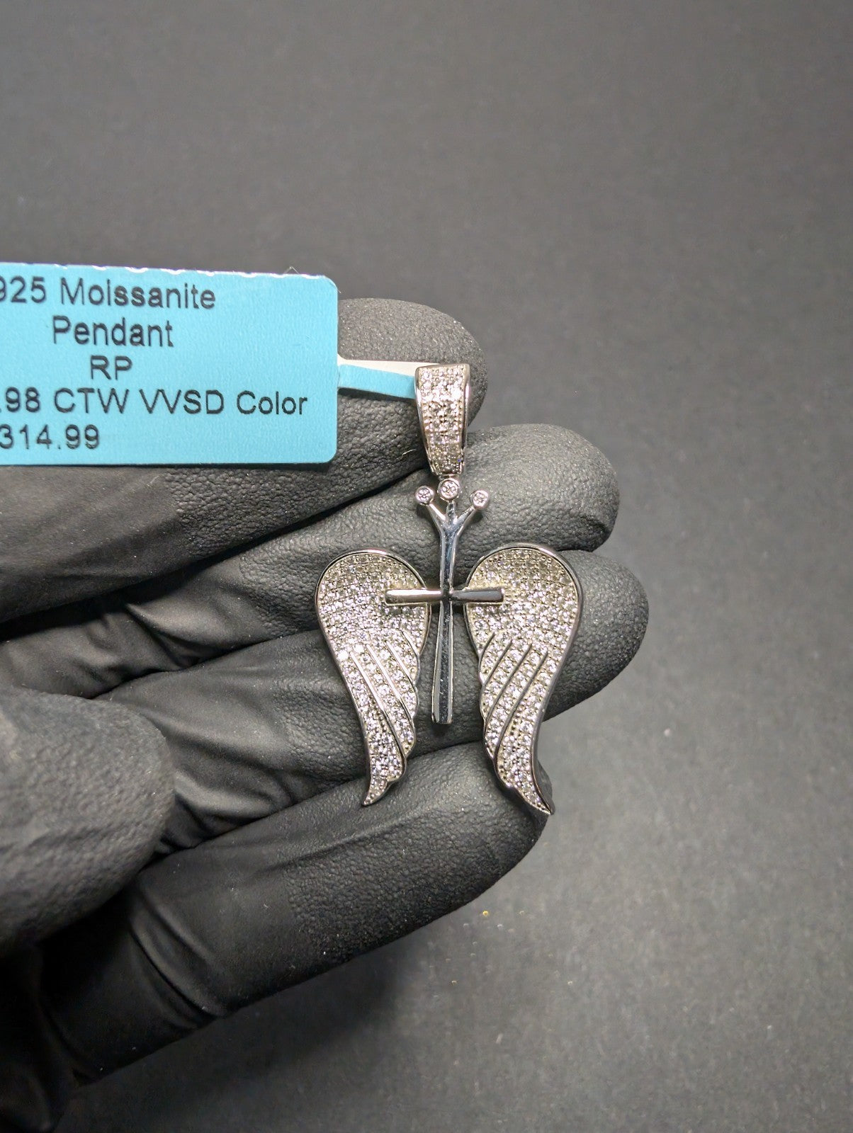 Solid 925 Silver Iced Out VVS D Color Moissanite Angel Winged Cross Pendant